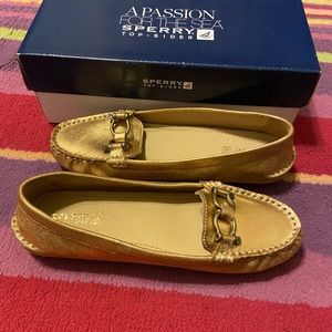 Sperry Gold Moccasin Flats with Hardware Detail